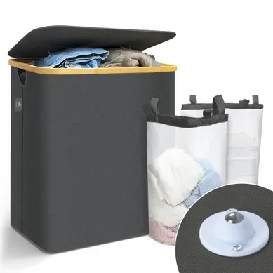 Panier A Linge Pliable 145l Avec Sac Intérieur Cadre Bambou Et Couvercle Gris