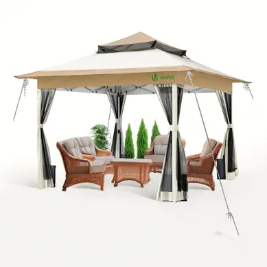 Tonnelle De Jardin Exterieure Pliable Avec Moustiquaire Pop Up 3.6x3.6m Beige