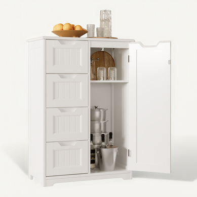 Meuble Cuisine Rangement Commode 4 Tiroirs 1 Porte De Placard 1 étagère Réglable Pour Couverts