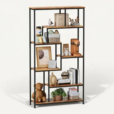 Bibliothèque étagère De Rangement 7 Niveaux Cadre En Métal Pieds Réglable 100 X 30 X 180 Cm Marron