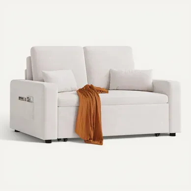 Canapé Convertible 2 Places Longue 2 Coussin Réglable Chenille Beige