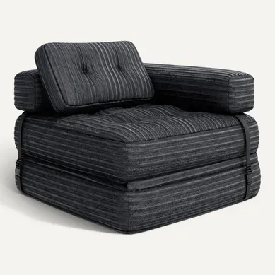 Canapé Convertible Fauteuil Lit 1 Place En L Gris Foncé Velours Côtelé Longue Coussin 85 X 85 Cm