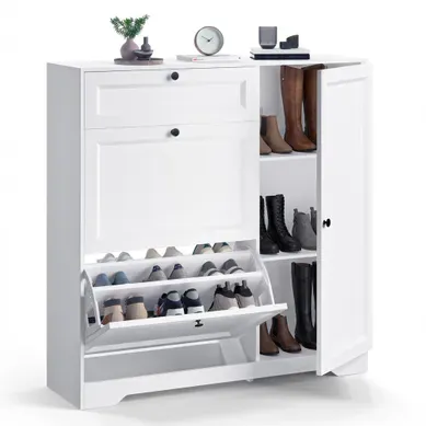 Meuble à Chaussures à 2 Abattants 1 Tiroir 1 Porte Blanc Armoire De Rangement 100x30x102cm