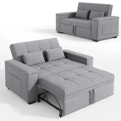 Canapé Convertible 2 Places Lin Gris Clair - Lit 5 Positions Avec Rangement Latéral