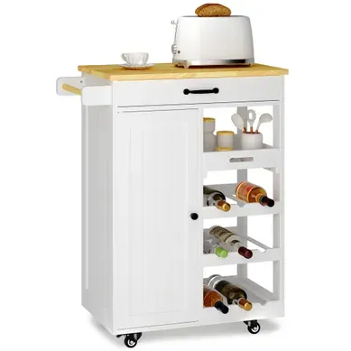 Desserte Cuisine à Roulettes Avec Tiroir Et Placard, Chariot De Service En Bois Blanc Mdf Desserte Cuisine à Roulettes Avec Tiroir Et Placard, Chariot De Service En Bois Blanc Mdf
