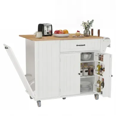 Ilôt De Cuisine Sur Roulettes Avec Plan Rabattable, Desserte Blanc Avec 2 Portes, 1 Tiroir