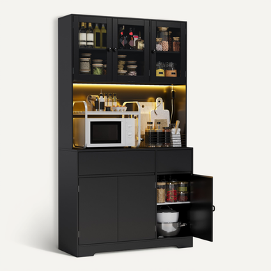 Buffet De Cuisine Avec LED Et Multiprise - Meuble Haut Micro-ondes Vaisselier 180cm-noir