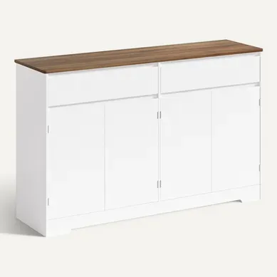 Buffet De Cuisine Bas Blanc Et Bois - Meuble De Rangement Enfilade Avec 4 Portes 2 Tiroirs Buffet De Cuisine Bas Blanc Et Bois - Meuble De Rangement Enfilade Avec 4 Portes 2 Tiroirs