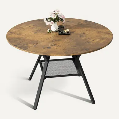 Table De Salle à Manger Ronde Effet Bois Vieilli 120 Cm,avec Rangement Sous Table,style Industriel