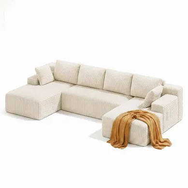 Canapé D'angle Modulable En U - Velours Côtelé Beige Crème - 5 Places Et Assise Profonde