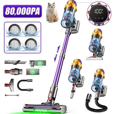 Aspirateur balai sans fil 80Kpa, Autonomie 80 Min, Bac 2 L, Avec brosse en V anti-enchevêtrement