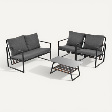 Salon De Jardin 4 Places – Canapé + Table Basse – Coussins Lavables – Tressage Pvc Rétro – Noir