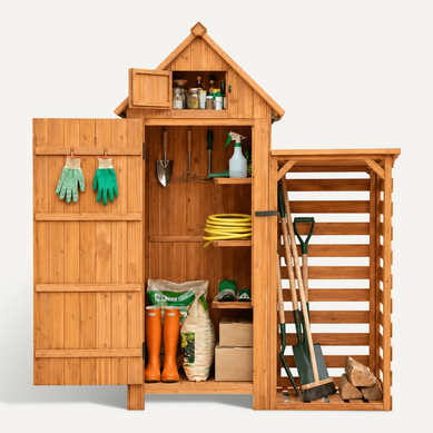 Abri De Jardin En Bois Avec Range Bûche, Toit En Appentis Protégé UV, 131 × 54.3 × 179 Cm Abri De Jardin En Bois Avec Range Bûche, Toit En Appentis Protégé UV, 131 × 54.3 × 179 Cm