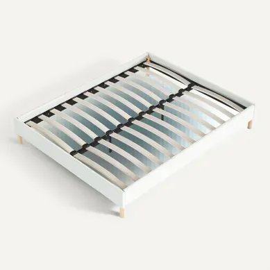 Sommier 160x200 Cm, Tissu Blanc Crème, Pieds En Bois
