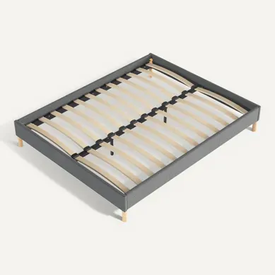 Sommier 140x200 Cm, Tissu Gris, Pieds En Bois