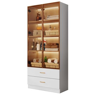Armoire De Salle De Bain En Bois Avec Lumière, 75 Cm, 2 Grands Tiroirs Et 2 Portes En Verre Armoire De Salle De Bain En Bois Avec Lumière, 75 Cm, 2 Grands Tiroirs Et 2 Portes En Verre
