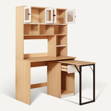 Bureau Avec Rangement, Bois Naturel, 180 Cm, Blanc Bureau Avec Rangement, Bois Naturel, 180 Cm, Blanc