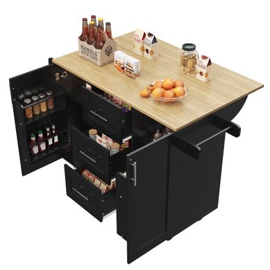 Îlot Cuisine Mdf Avec Roulettes, Plan Bois, Séparateurs Amovibles, , Noir