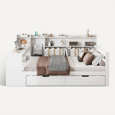 Canapé-lit Bois Massif 140x200 Cm Bureau étagères 2 Grands Rangements Prises Blanc Canapé-lit Bois Massif 140x200 Cm Bureau étagères 2 Grands Rangements Prises Blanc