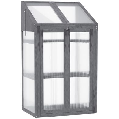 Mini Serre En Bois Avec 3 étagères, Double Porte, Et Couverture, Gris