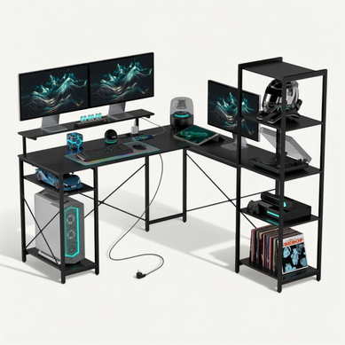 Bureau d’angle en L avec 6 étagères et station de charge USB, support écran, noir Bureau d’angle en L avec 6 étagères et station de charge USB, support écran, noir
