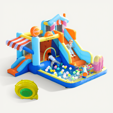 Aire De Jeux Pour Enfants Multifonctionnel En Pvc Avec Toboggan Et Aspergeurs, Inclus Souffleur 450w