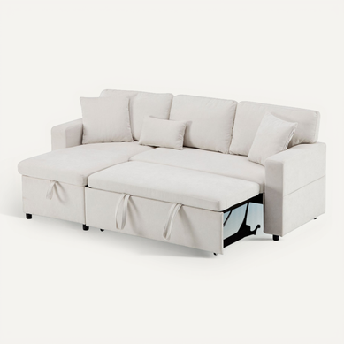 Canapé D'angle En Tissu Beige, Canapé-lit Escamotable, Coffre De Rangement, étagère Intégrée Canapé D'angle En Tissu Beige, Canapé-lit Escamotable, Coffre De Rangement, étagère Intégrée