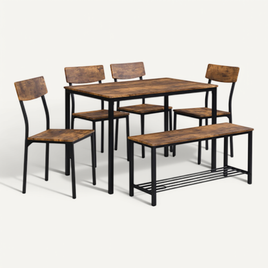 Ensemble De Table, Chaises Et Banc En Bois + Cadre En Acier Noir Ensemble De Table, Chaises Et Banc En Bois + Cadre En Acier Noir