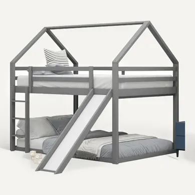 Lit Superposé Enfant Avec Toboggan Et échelle, Gris, 140x200 Cm Lit Superposé Enfant Avec Toboggan Et échelle, Gris, 140x200 Cm