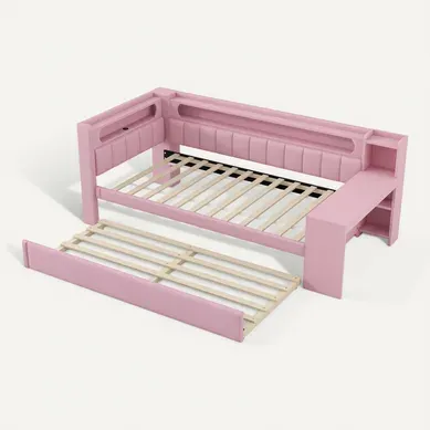Lit Gigogne 90x200 Cm Rose Avec Tiroir-lit, Bureau Intégré, LED Et Ports USB Lit Gigogne 90x200 Cm Rose Avec Tiroir-lit, Bureau Intégré, LED Et Ports USB