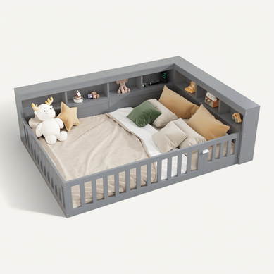 Lit D'appoint 140x190 Cm Gris Avec Rangement, Prises USB Et Barrière Amovible Lit D'appoint 140x190 Cm Gris Avec Rangement, Prises USB Et Barrière Amovible