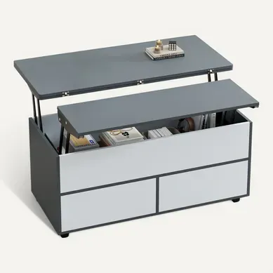 Table Basse Relevable 100x98 Cm Avec Roulettes, Tiroir Et Rangements Gris Et Blanc Table Basse Relevable 100x98 Cm Avec Roulettes, Tiroir Et Rangements Gris Et Blanc