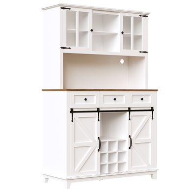 Buffet Haut De Cuisine Blanc Avec LED, Porte Coulissante Style Ferme Et étagères Réglables