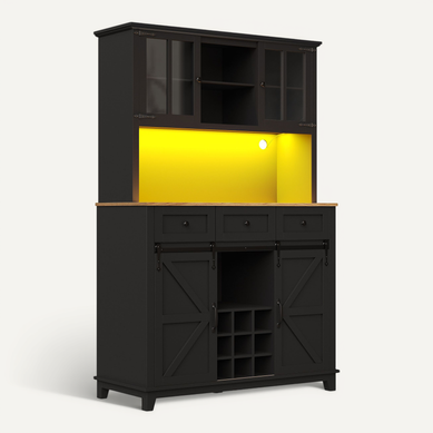 Buffet Haut De Cuisine Noir Avec LED, Porte Coulissante Style Ferme Et étagères Réglables