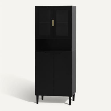 Buffet Haut Noir Avec Portes En Verre Trempé Et étagères Réglables, 4 Portes, Mdf Laqué Buffet Haut Noir Avec Portes En Verre Trempé Et étagères Réglables, 4 Portes, Mdf Laqué