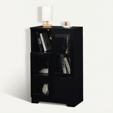 Buffet Noir En Mdf Laqué Avec Portes Vitrées Et Tiroirs, Rangement Polyvalent