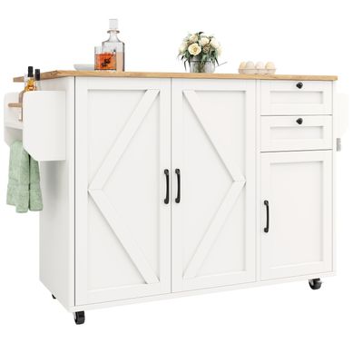 Îlot De Cuisine Blanc Avec Table Rabattable, Rangements Modulables Et Roulettes