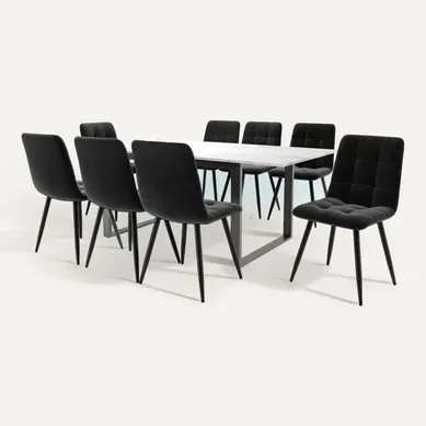 Table Extensible 140/180x80 Cm Blanche Avec 8 Chaises En Velours Gris Foncé Table Extensible 140/180x80 Cm Blanche Avec 8 Chaises En Velours Gris Foncé