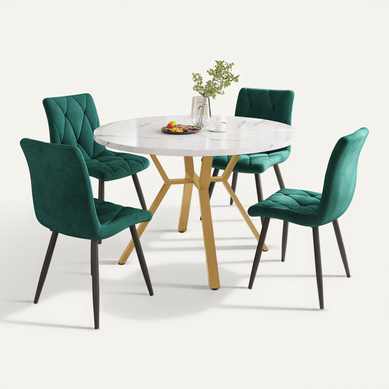 Table Ronde Effet Marbre Et 4 Chaises En Suédine Verte Moderne, Pieds En Métal Doré Table Ronde Effet Marbre Et 4 Chaises En Suédine Verte Moderne, Pieds En Métal Doré