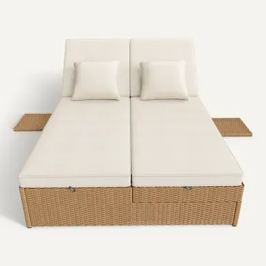 Bain De Soleil Double En Rotin Blanc Avec Coussins, Pliable Et Résistant Aux Intempéries Bain De Soleil Double En Rotin Blanc Avec Coussins, Pliable Et Résistant Aux Intempéries