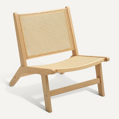 Fauteuil Sans Accoudoirs En Bois Naturel Avec Dossier En Rotin, Chaise De Lecture Fauteuil Sans Accoudoirs En Bois Naturel Avec Dossier En Rotin, Chaise De Lecture