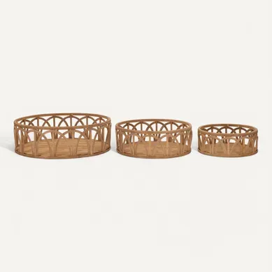 Set De 3 Plateaux Ronds En Rotin Tressé D.50-40-30 Cm Style Boho Chic