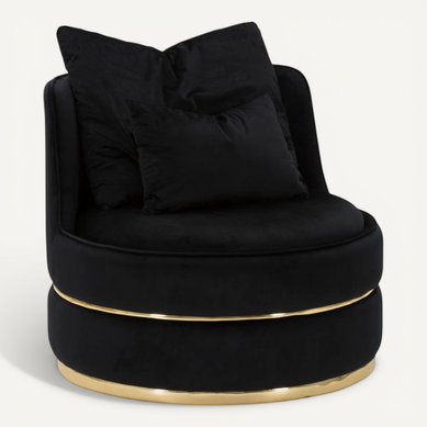 Fauteuil Rond Noir Avec Coussins Et Détails Dorés D.84x72 Cm Fauteuil Rond Noir Avec Coussins Et Détails Dorés D.84x72 Cm