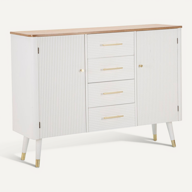 Buffet Blanc Avec Plateau Bois Et Poignées Dorées Style Boho Chic, 117x37x90cm Buffet Blanc Avec Plateau Bois Et Poignées Dorées Style Boho Chic, 117x37x90cm
