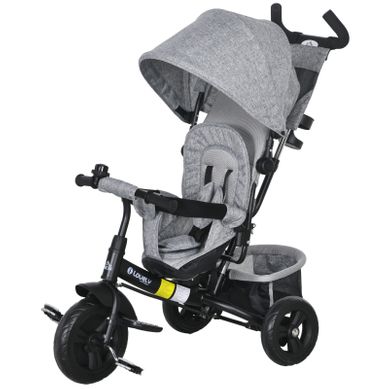 Tricycle 6-en-1 Enfant Gris Avec Canopy, Panier Et Sécurité 5 Points Tricycle 6-en-1 Enfant Gris Avec Canopy, Panier Et Sécurité 5 Points