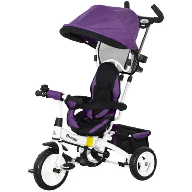 Tricycle 6-en-1 Enfant Violet Avec Canopy Amovible, Panier Et Harnais 5 Points Tricycle 6-en-1 Enfant Violet Avec Canopy Amovible, Panier Et Harnais 5 Points