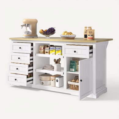 Buffet Multifonction Blanc 150×65×75 Cm Avec Plateaux Extensibles Et Prises Buffet Multifonction Blanc 150×65×75 Cm Avec Plateaux Extensibles Et Prises