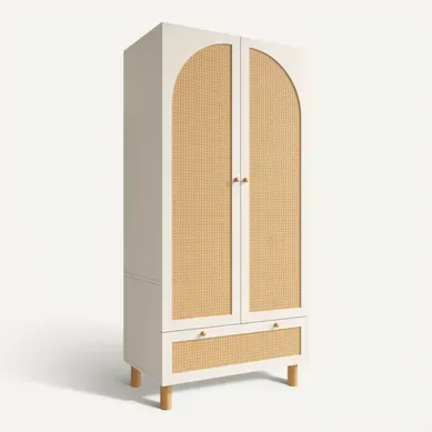 Armoire Garde-robe Blanche 2 Portes Avec Rotin, Tiroir Et étagères Réglables 180x85x52 Cm