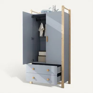 Armoire 2 Portes Avec Penderie Et 2 Tiroirs, Corps Bleu Et Cadre Pin, 90x45x180 Cm