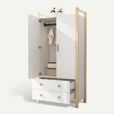Armoire 2 Portes Avec Penderie Et 2 Tiroirs, Corps Blanc Et Cadre Pin, 90x45x180 Cm